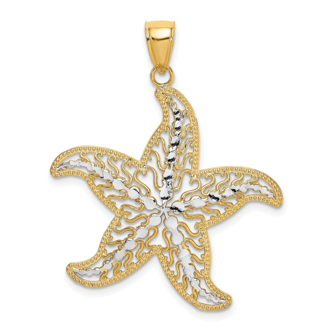 14K Yellow Gold White Rhodium Texture Polished Finish Starfish Filigree Design Charm Pendant