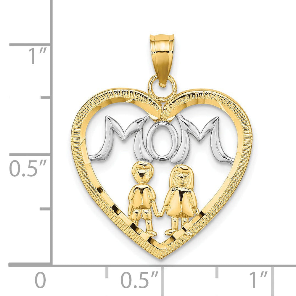14k Yellow Gold, White Rhodium Textured Polished Finish MOM with 2 Kids in Heart Design Charm Pendant