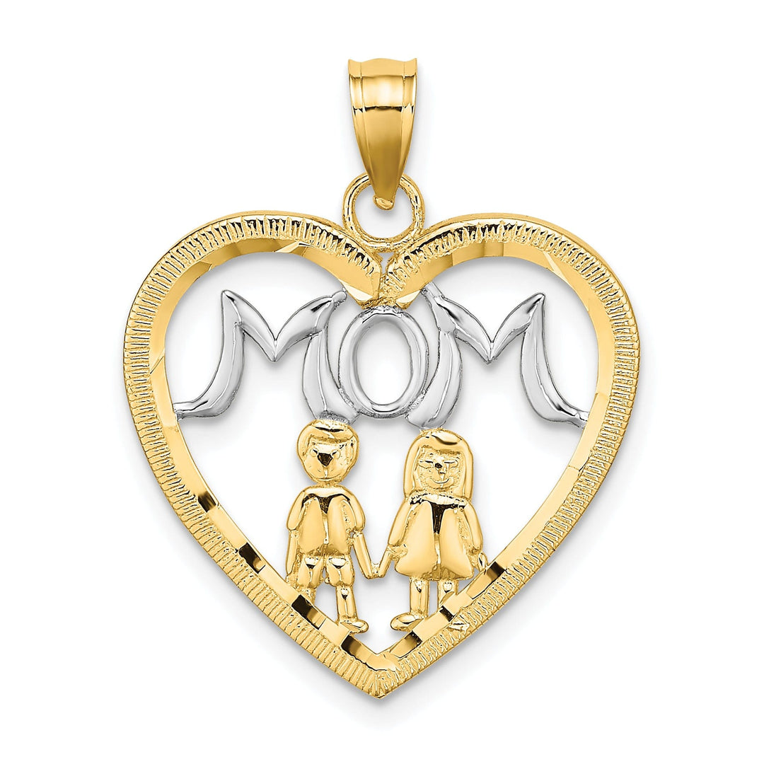 14k Yellow Gold, White Rhodium Textured Polished Finish MOM with 2 Kids in Heart Design Charm Pendant