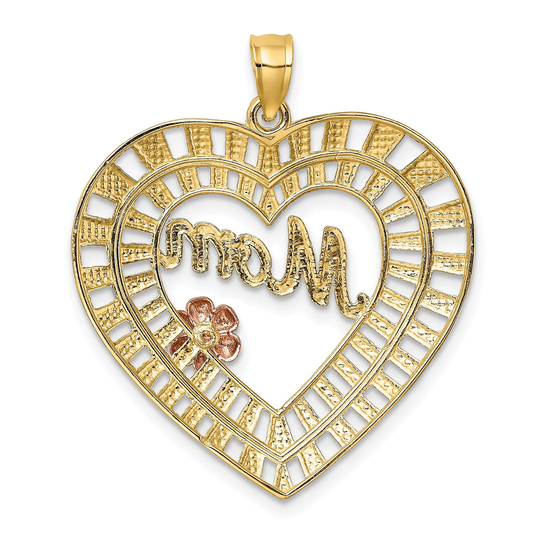 14k Two Tone Gold, White Rhodium Diamond Cut Polished Finish MOM Heart Filigree Design Charm Pendant