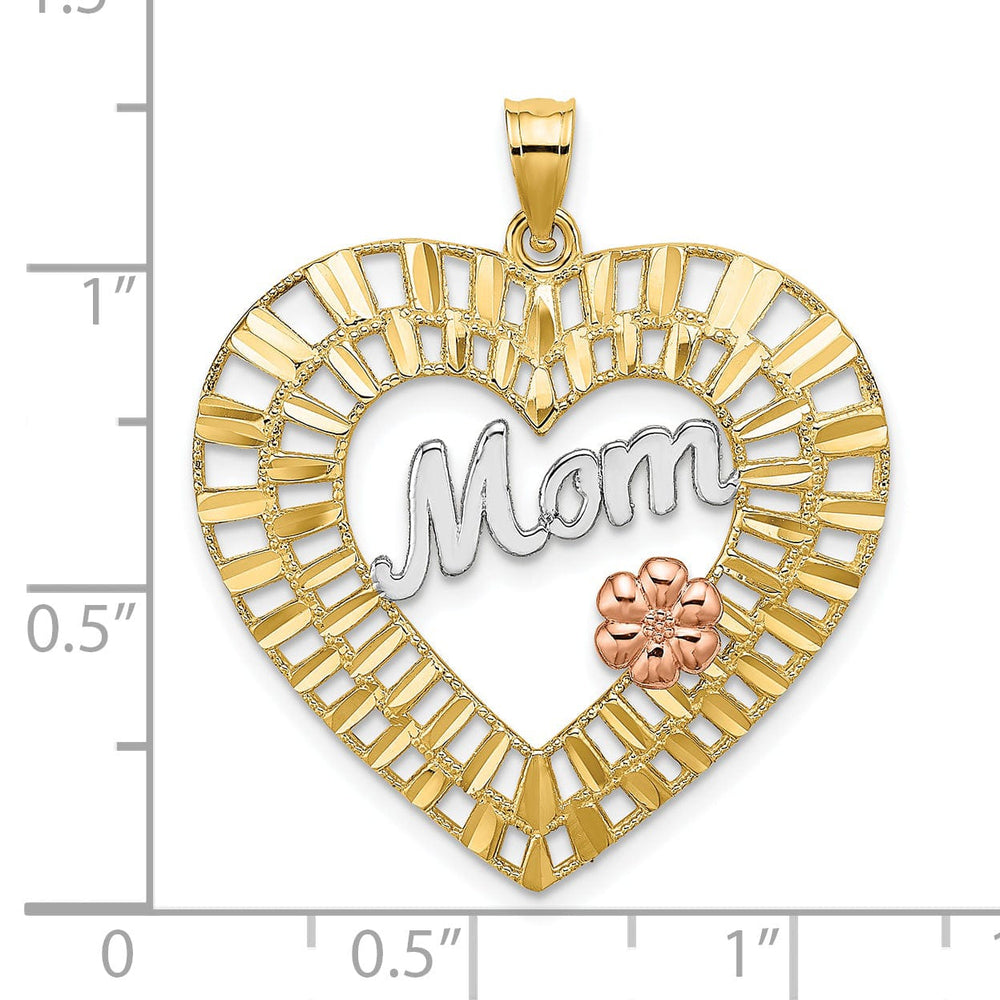 14k Two Tone Gold, White Rhodium Diamond Cut Polished Finish MOM Heart Filigree Design Charm Pendant