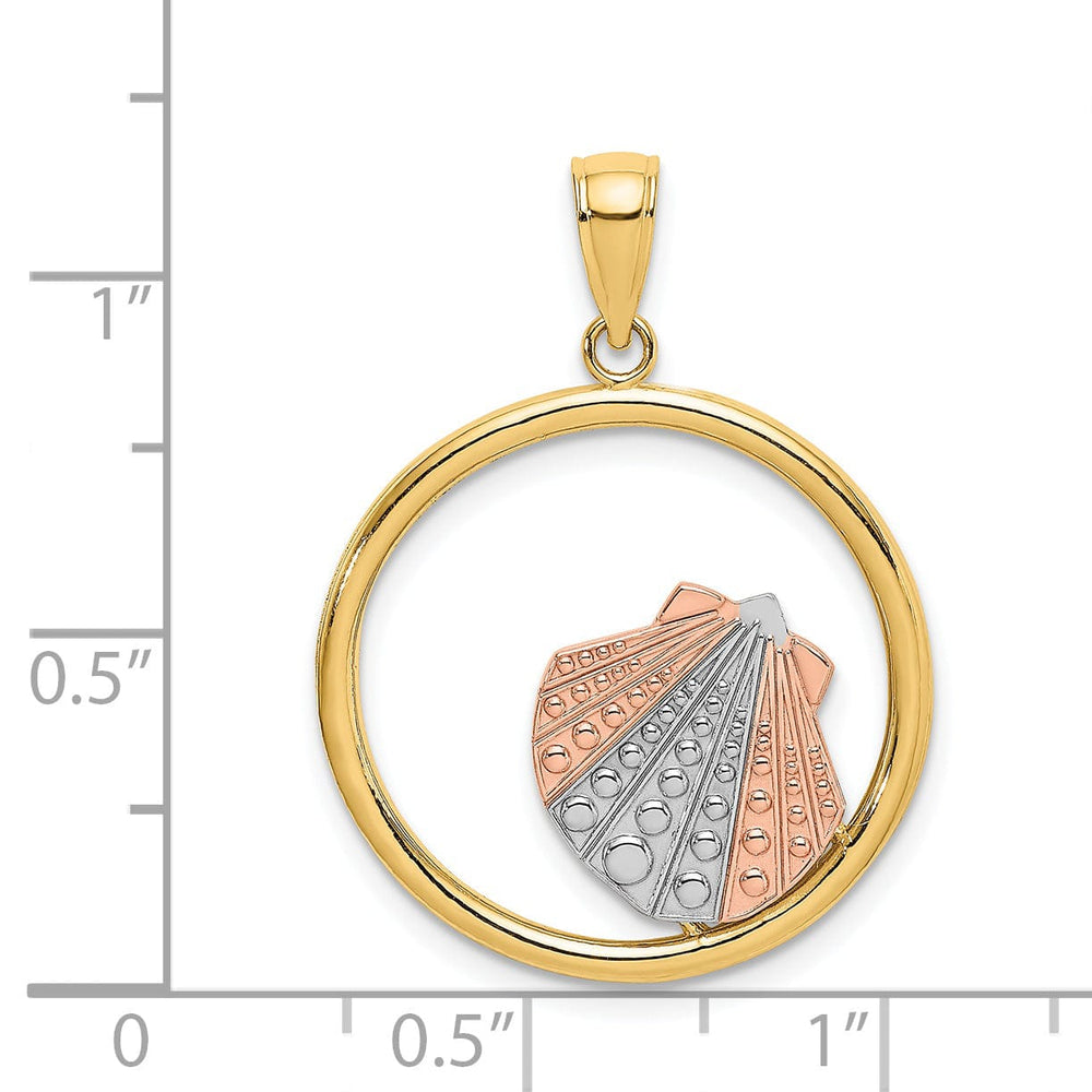 14K Two Tone Gold, White Rhodium Polished Finish Sea Scallop Shell In Circle Design Charm Pendant