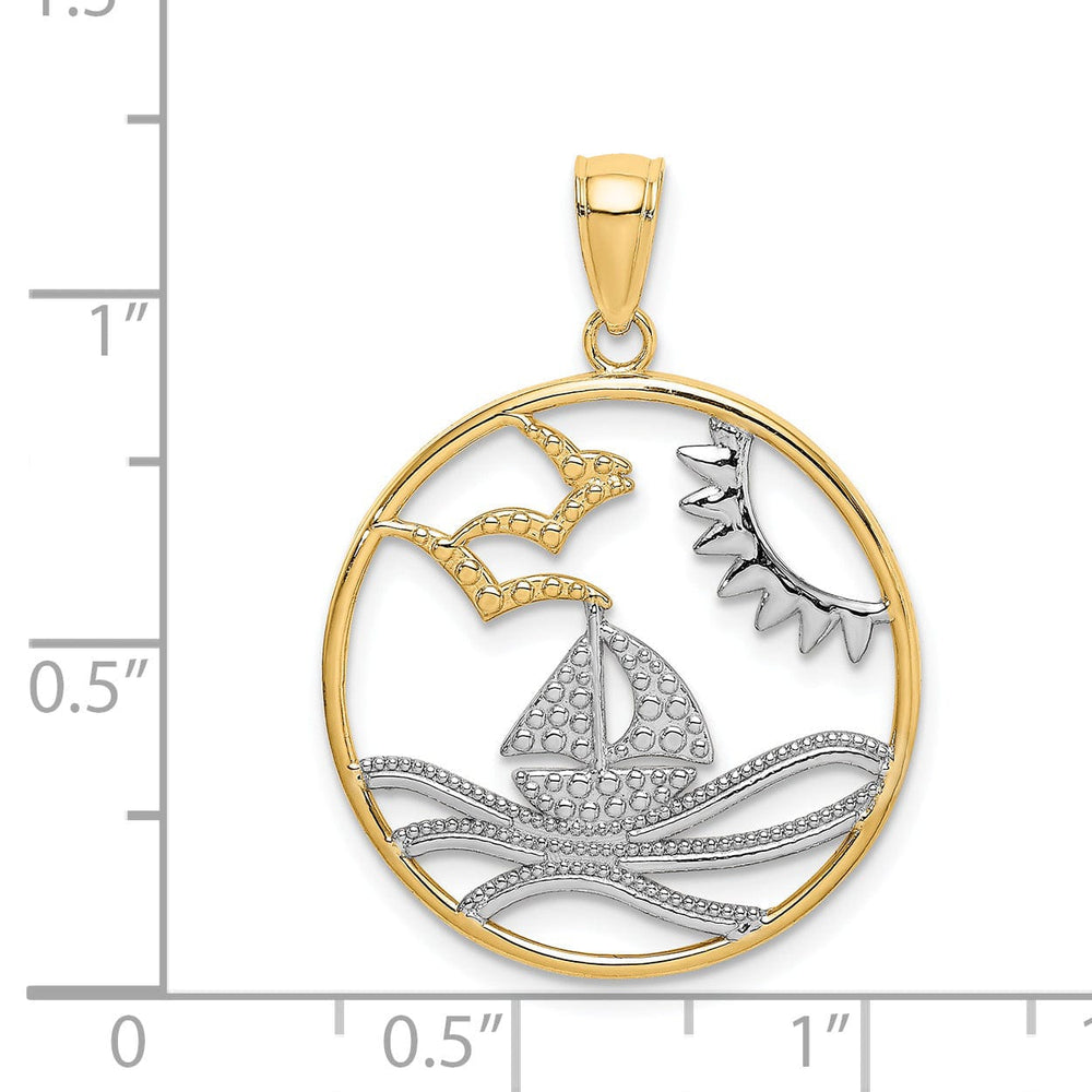 14k Yellow Gold, White Rhodium Polished Finish with Sun Sailboat Water and Seagulls Circle Design Charm Pendant