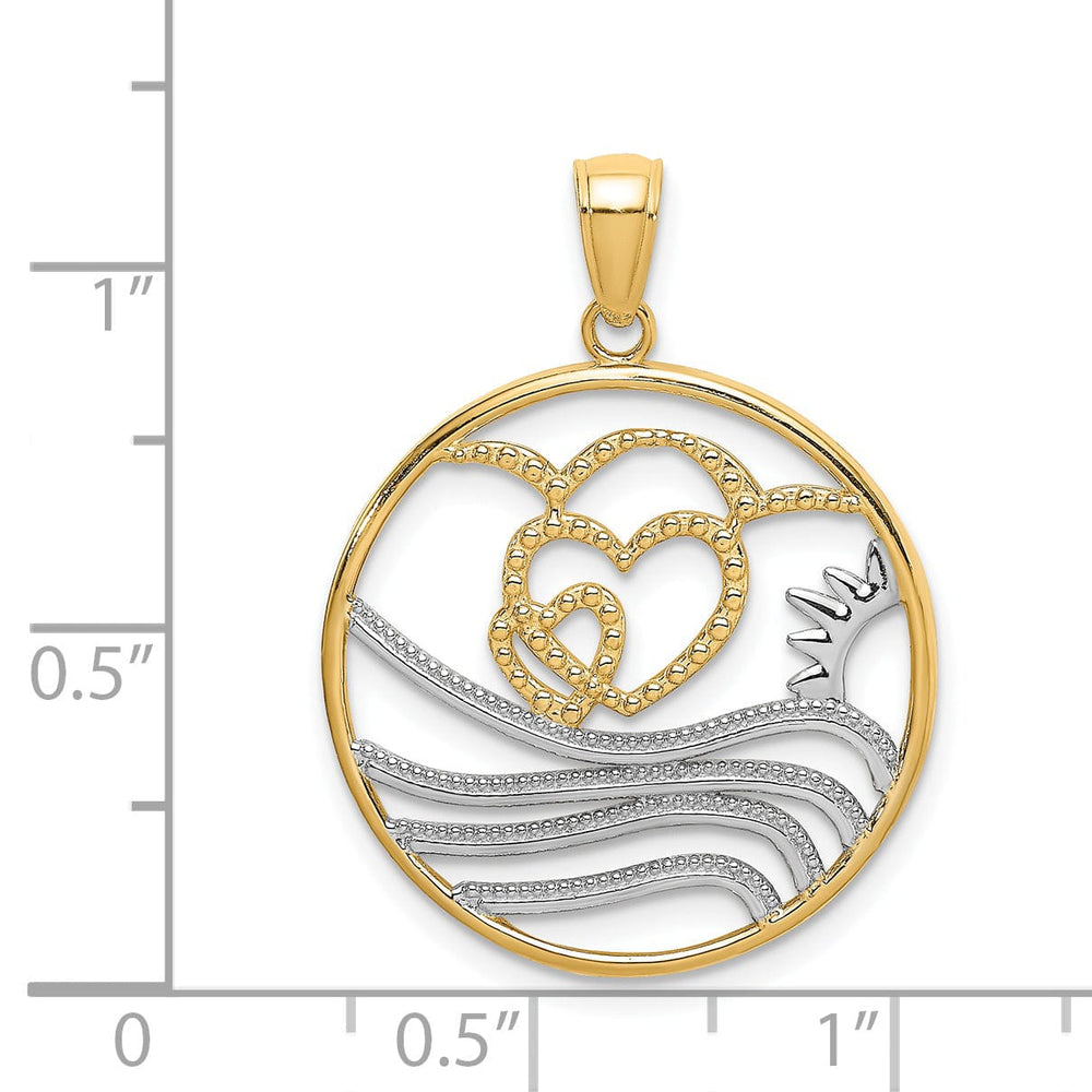 14k Yellow Gold, White Rhodium Polished Finish Sun, Hearts ,Water in Circle Design Charm Pendant