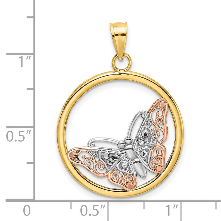 14k Two-tone Gold Open Back Solid Polished Finish Butterfly In Round Frame Charm Pendant