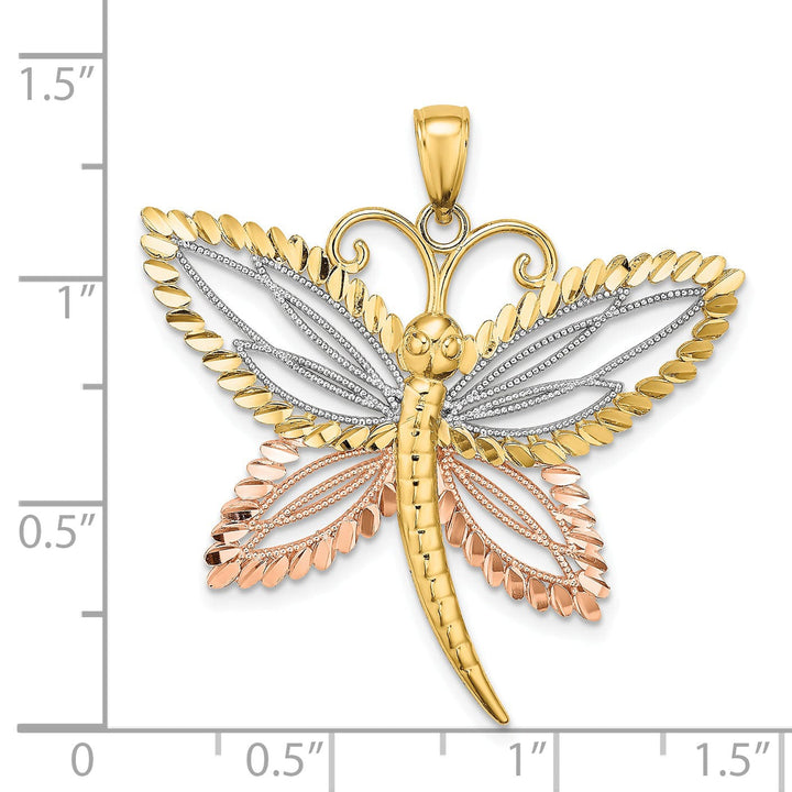 14k Two-Tone Gold White Rhodium Diamond Cut Solid Polished Finish Dragonfly With Beaded Wings Design Charm Pendant