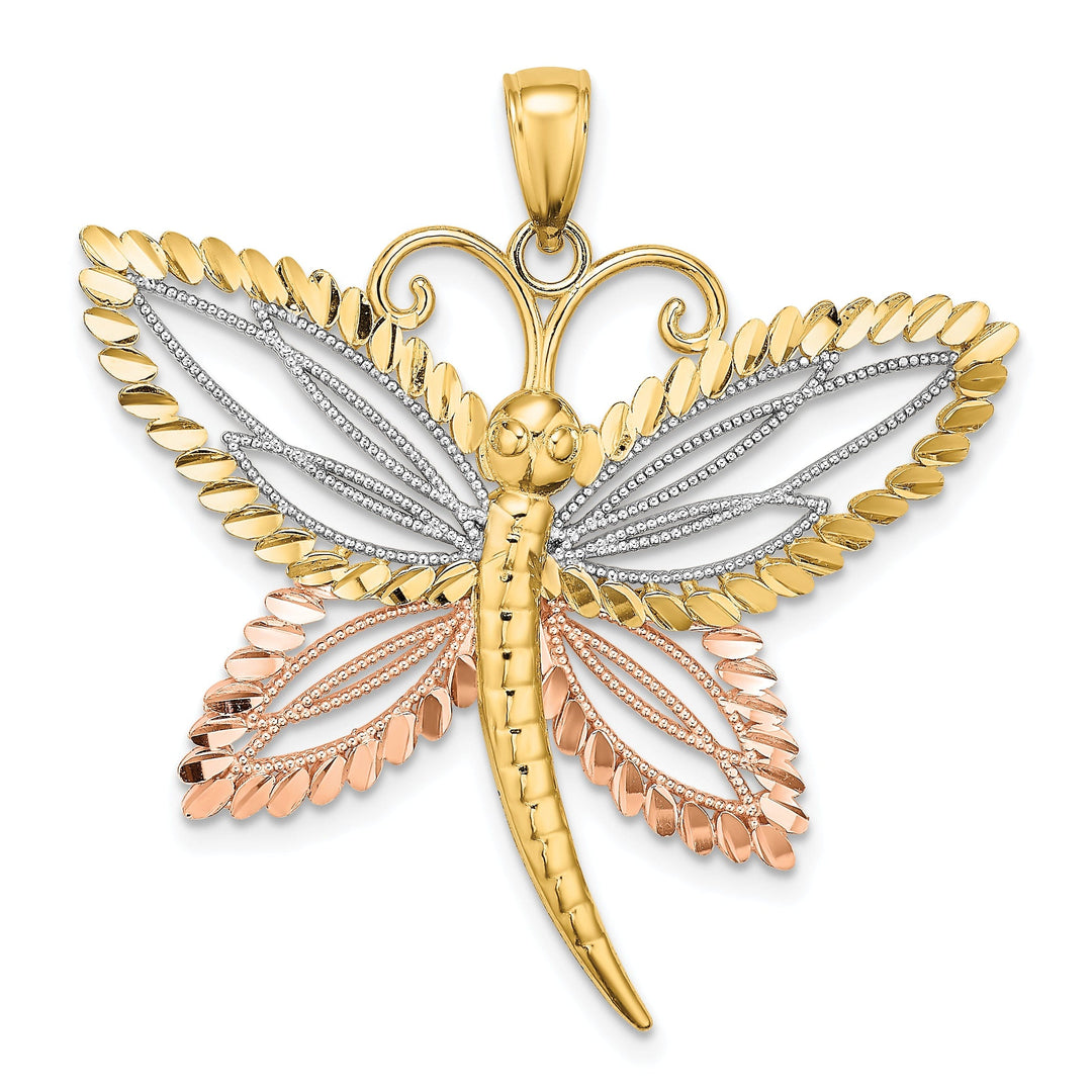 14k Two-Tone Gold White Rhodium Diamond Cut Solid Polished Finish Dragonfly With Beaded Wings Design Charm Pendant