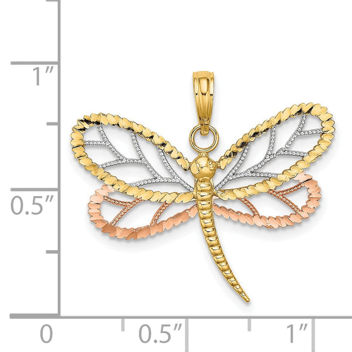 14k Two-Tone Gold White Rhodium Diamond Cut Polished Finish Dragonfly With Beaded Wings Design Charm Pendant