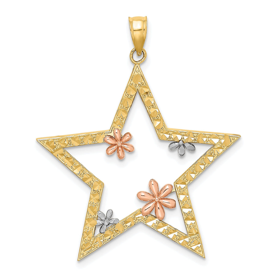 14k Two Tone Gold White Rose Rhodium Open Back Polished Textured Finish Star with Flowers Charm Pendant