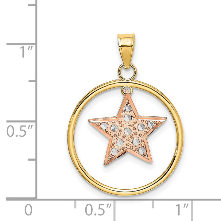 14k Two Tone Gold White Rhodium Textured Polished Finish Star in Circle Frame Design Charm