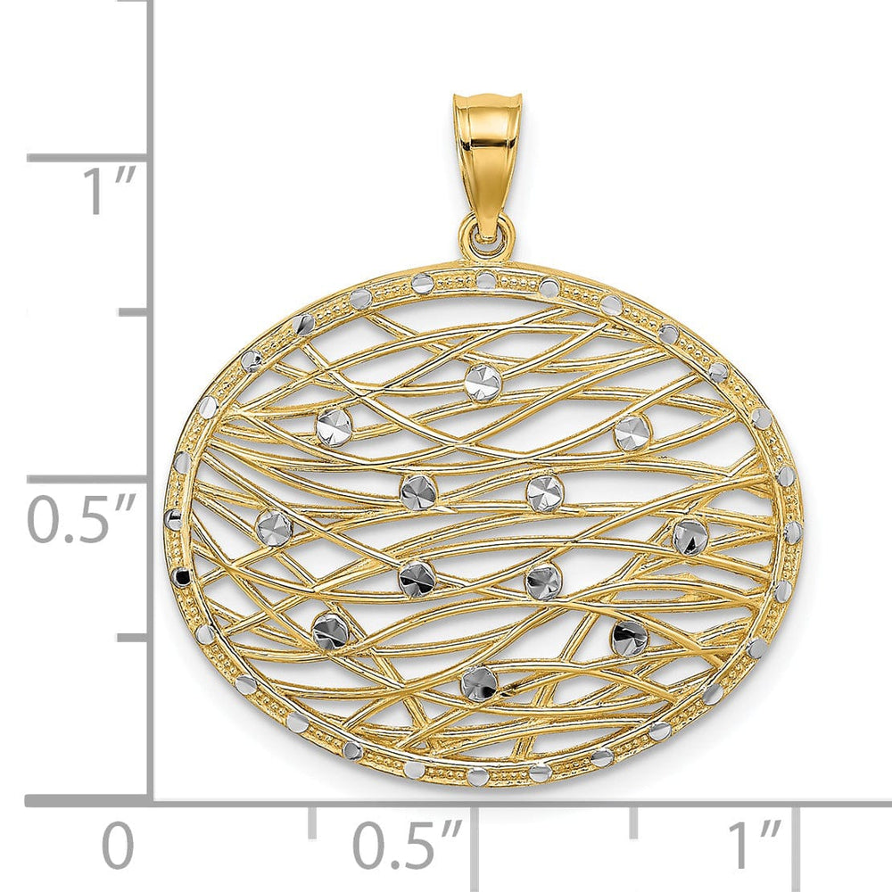 14K Yellow Gold, White Rhodium Polished Diamond Cut Finish Filigree Horizontal Shape Cut-Out Weave Design Pendant