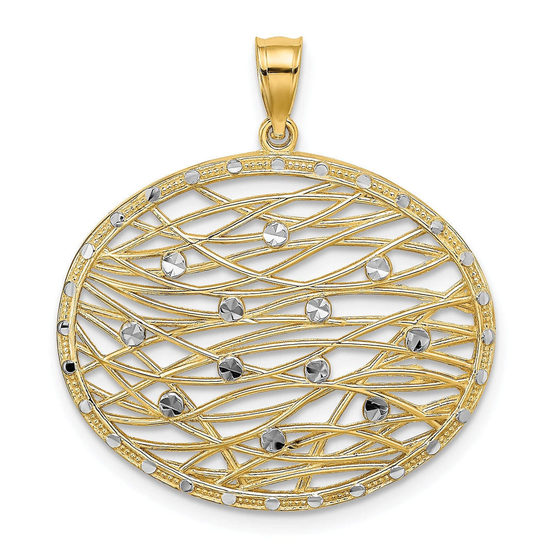 14K Yellow Gold, White Rhodium Polished Diamond Cut Finish Filigree Horizontal Shape Cut-Out Weave Design Pendant
