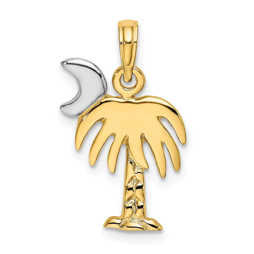 14K Yellow Gold, White Rhodium Polished Finish Concave Shape Charelston Palm Tree with Moon Charm Pendant
