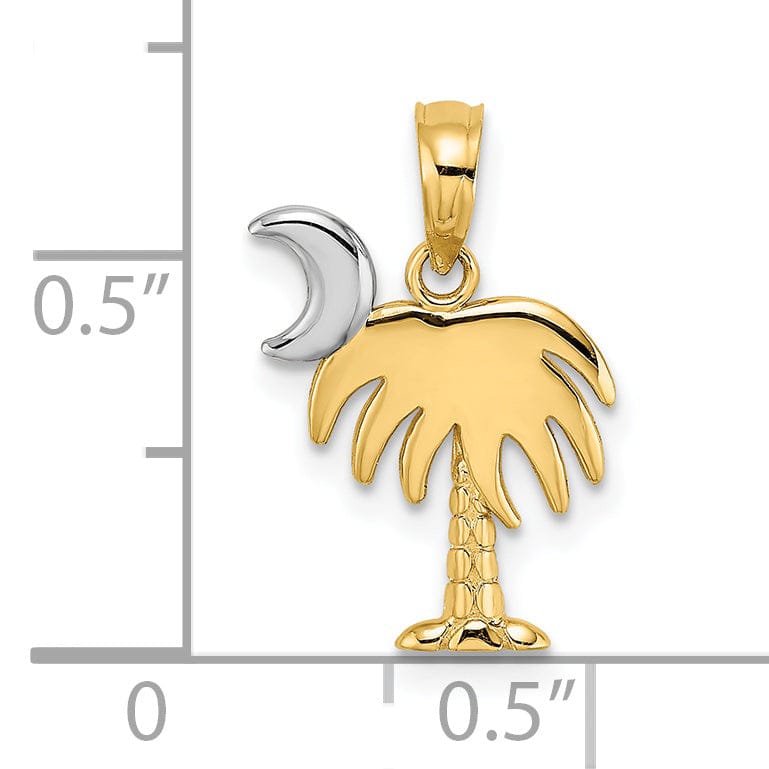 14K Yellow Gold, White Rhodium Polished Finished Concave Shape Charelston Palm Tree with Moon Charm Pendant