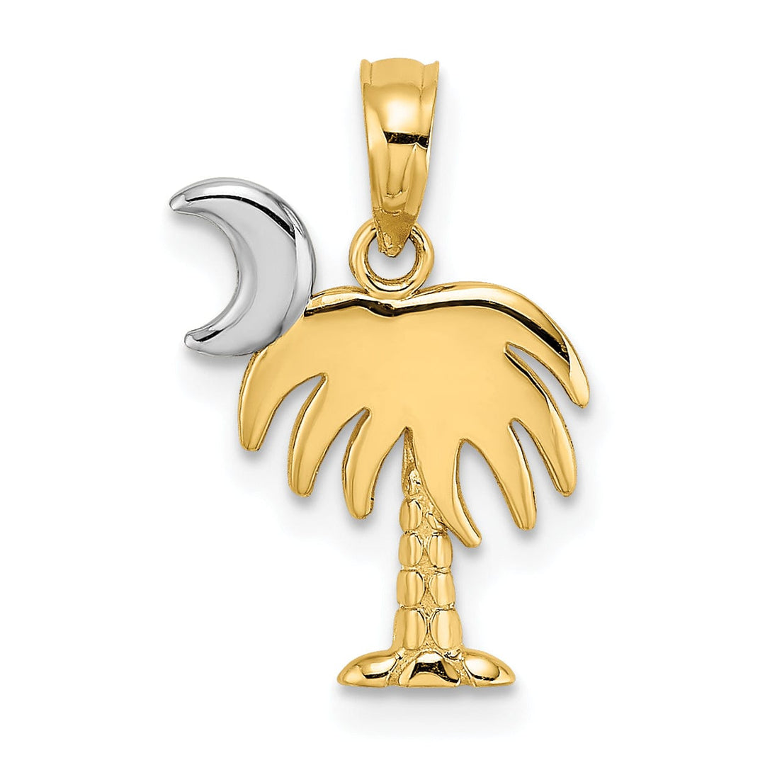 14K Yellow Gold, White Rhodium Polished Finished Concave Shape Charelston Palm Tree with Moon Charm Pendant