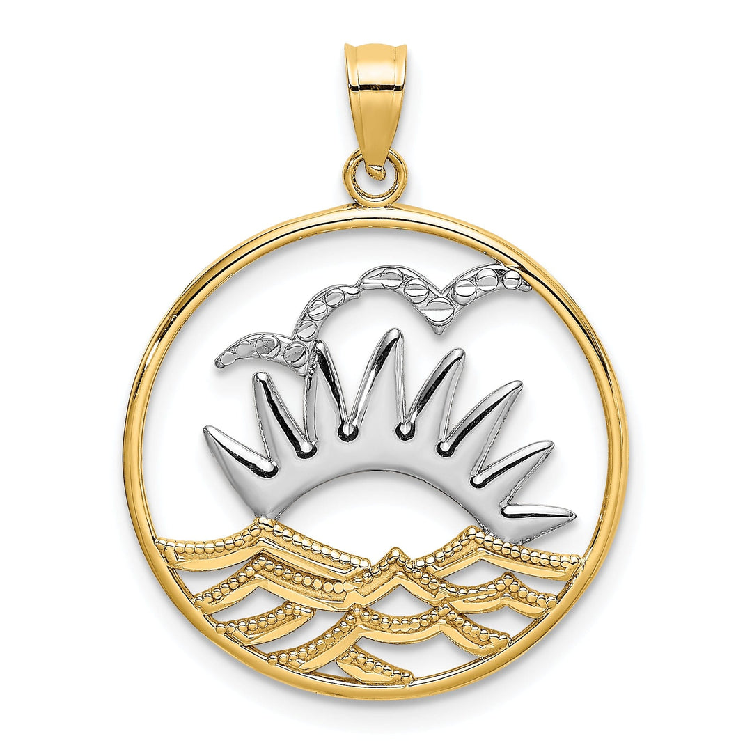 14K Yellow Gold, White Rhodium Concave Shape Sunset, Water, with seagulls In Circle Design Charm Pendant