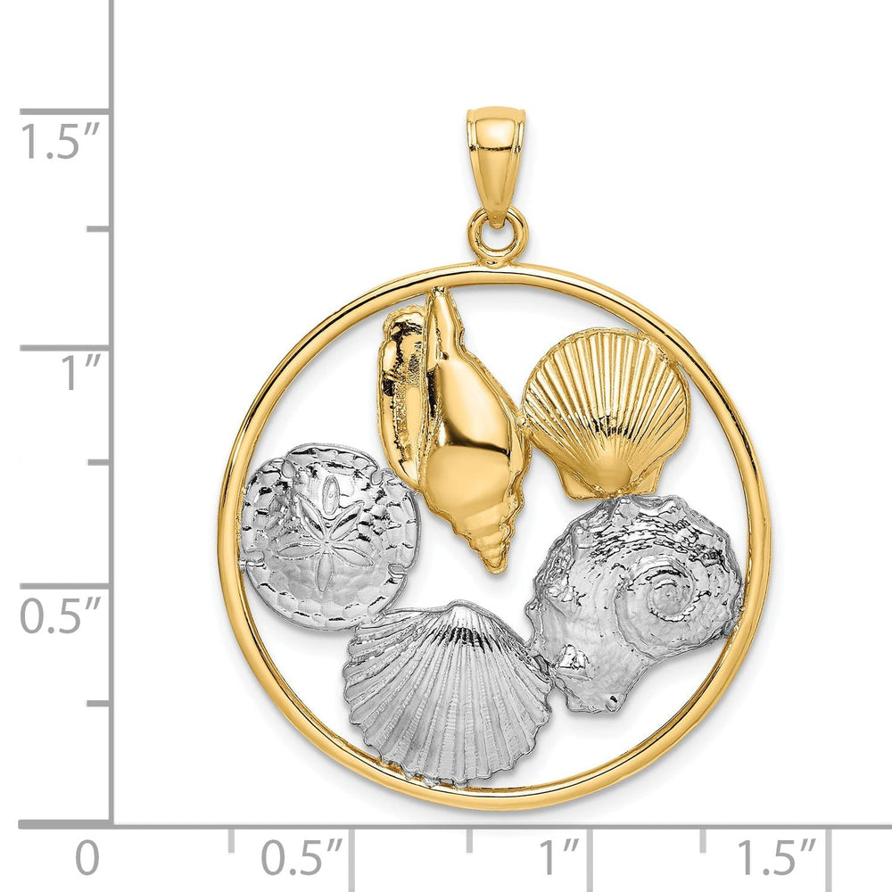 14k Yellow Gold White Rhodium Textured Polished Finish Shell Cluster in Circle Design Charm Pendant