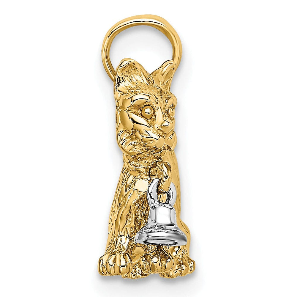 14k Two-Tone Gold Textured Polished Finish 3-Dimensional With Moveable Dangling Bell Cat Charm Pendant