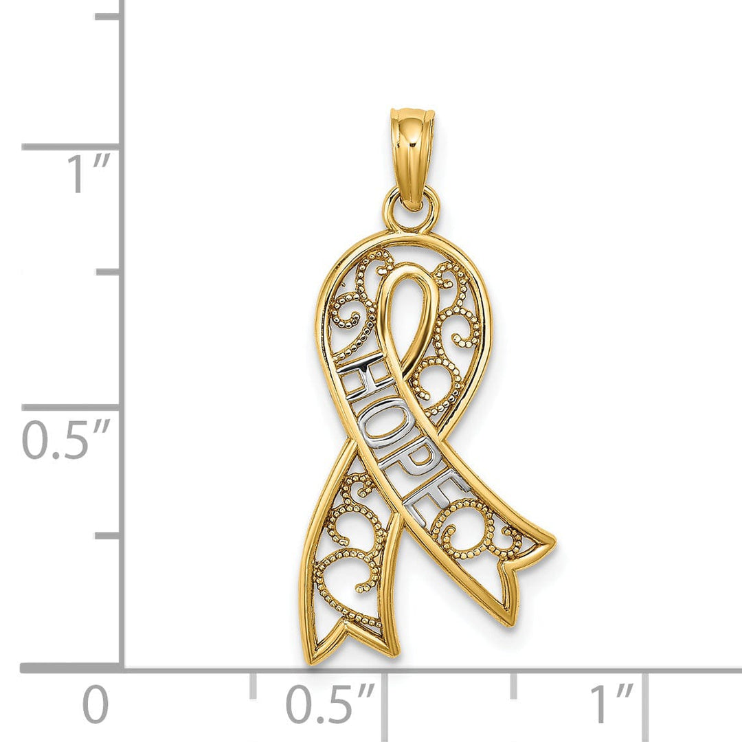 14k Yellow Gold White Rhodium Open Back Polished Finish Filigree Design Ribbon HOPE Charm Pendant
