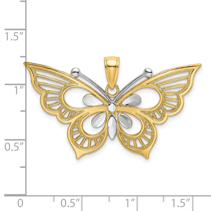 14k Two-tone Gold Textured Back Solid Polished Diamond-cut Butterfly Charm Pendant