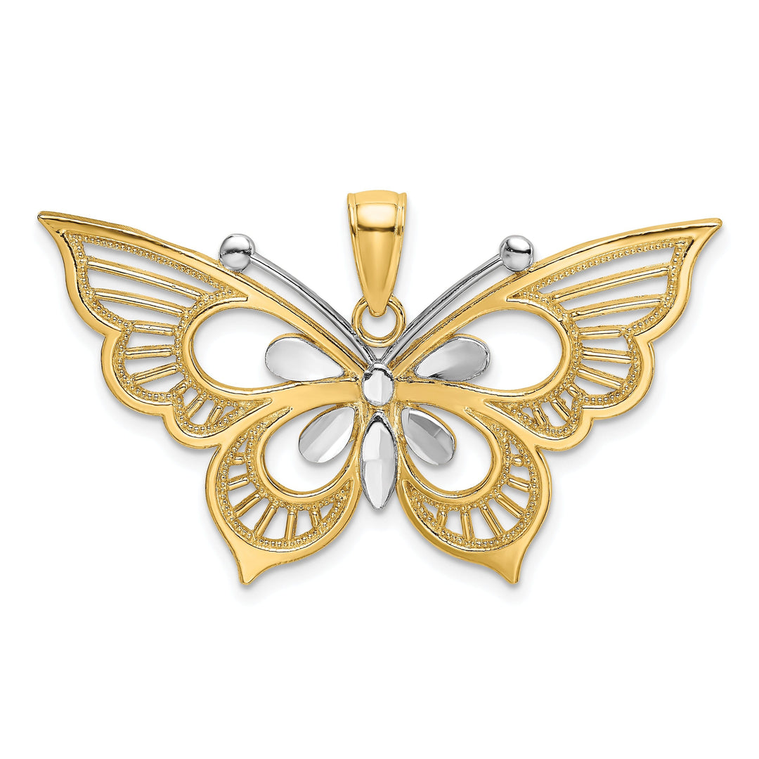 14k Two-tone Gold Textured Back Solid Polished Diamond-cut Butterfly Charm Pendant