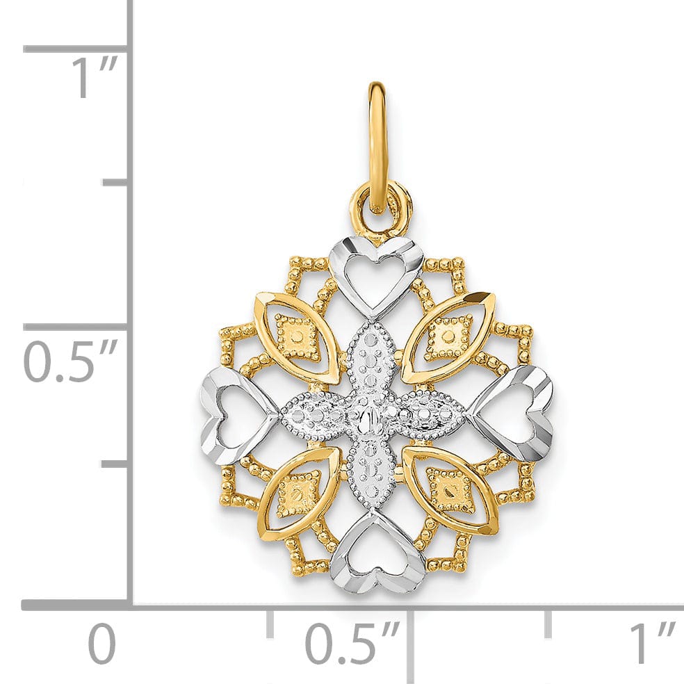 14K Yellow Gold, White Rhodium Polished Finish Filgree Center Flower and Heart Design Pendant