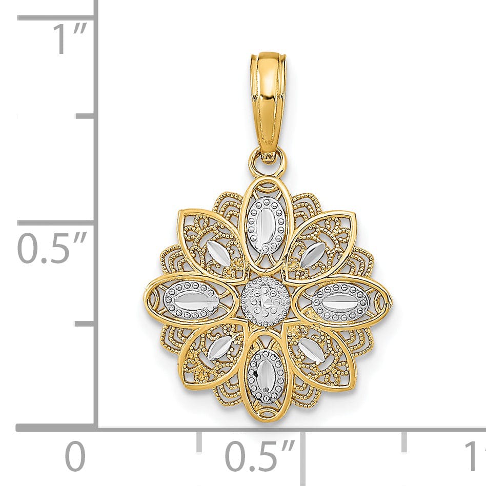 14K Yellow Gold, White Rhodium Polished Finish Filigree Flower Design Pendant