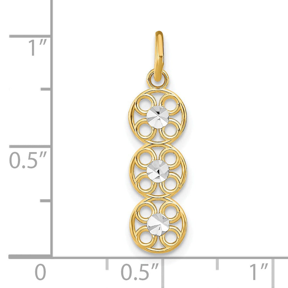 14K Yellow Gold, White Rhodium Polished Diamond Cut Finish Filigree 3 Circle Design Pendant