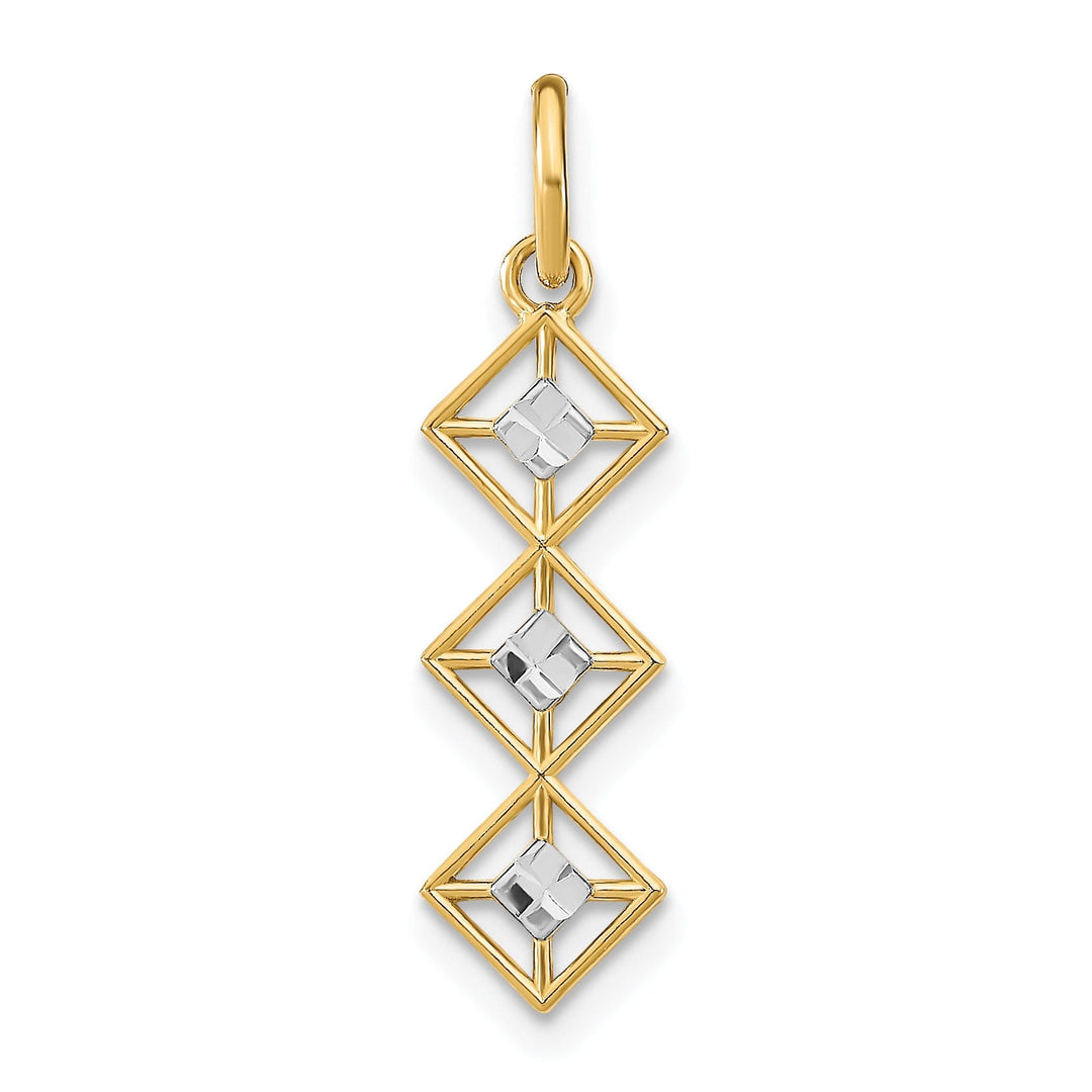 14K Yellow Gold, White Rhodium Polished Diamond Cut Finish Filigree 3 Diamond Shape Designs Pendant