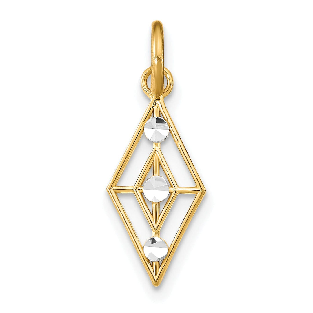 14K Yellow Gold, White Rhodium Polished Diamond Cut Finish Filigree Diamond Shaped Design Pendant