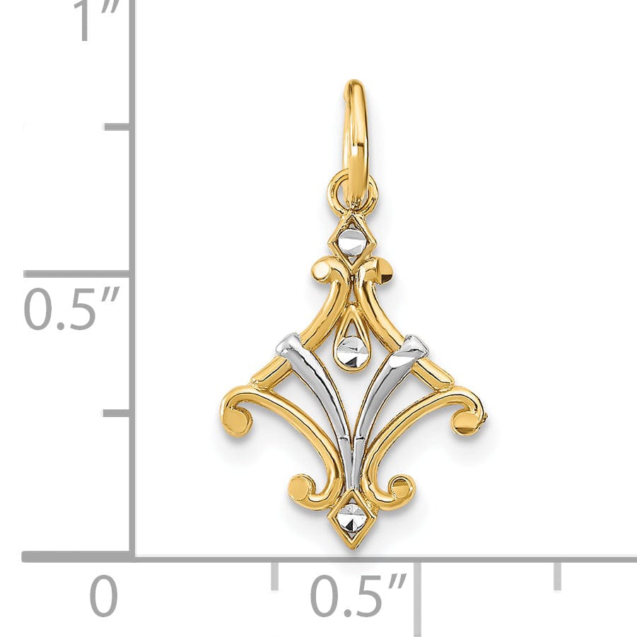 14K Yellow Gold, White Rhodium Polished Diamond Cut Finish Filigree Chandelier Style Design Pendant