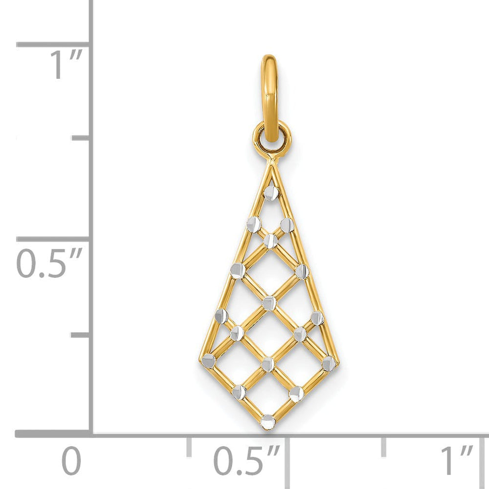 14K Yellow Gold, White Rhodium Polished Diamond Cut Finish Filigree Small Criss-Cross Fancy Design Pendant