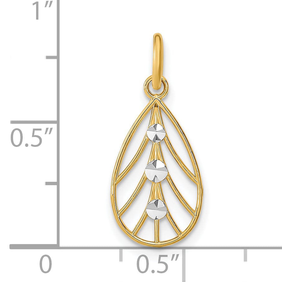 14K Yellow Gold, White Rhodium Polished Diamond Cut Finish Filigree Small Teardrop Design Pendant