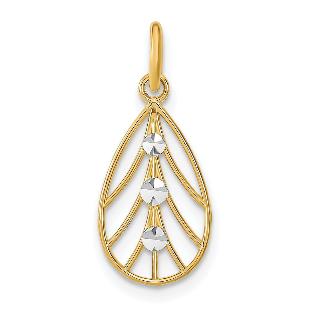 14K Yellow Gold, White Rhodium Polished Diamond Cut Finish Filigree Small Teardrop Design Pendant