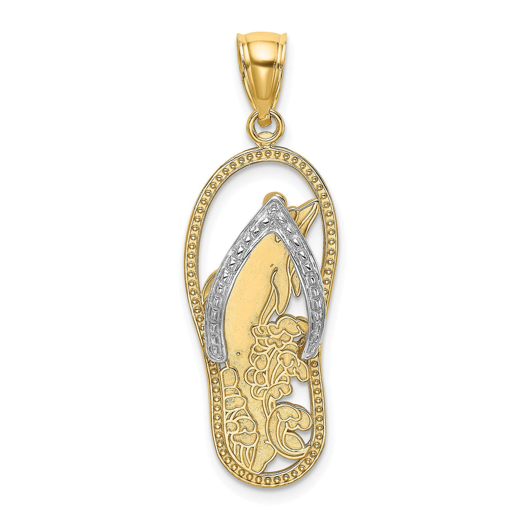 14K Yellow Gold, White Rhodium Solid Polished Finish Dolphin in Flip Flop Sandle Design Charm Pendant