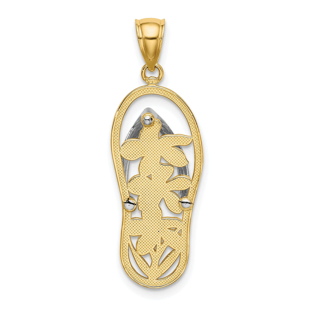 14K Yellow Gold, White Rhodium Polished Finish Flat Back Flowers In Flip Flop Design Sandle Charm Pendant