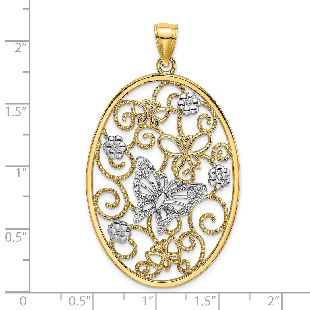 14k Two-Tone Gold Open Back Solid Textured Polished Finish Butterfly and Flowers in Oval Frame Charm Pendant