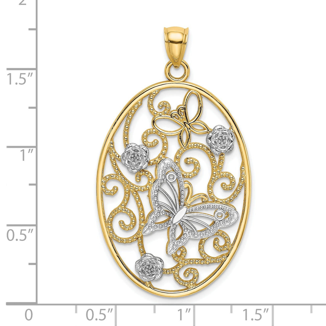 14k Two-Tone Gold Solid Open Back Textured Polished Finish Butterfly and Flowers in Oval Frame Charm Pendant