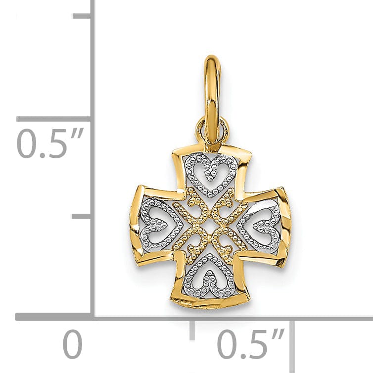 14K Yellow Gold, White Rhodium Small Size Filigree Polished Diamond Cut Finish Hearts Design Maltese Cross Pendant