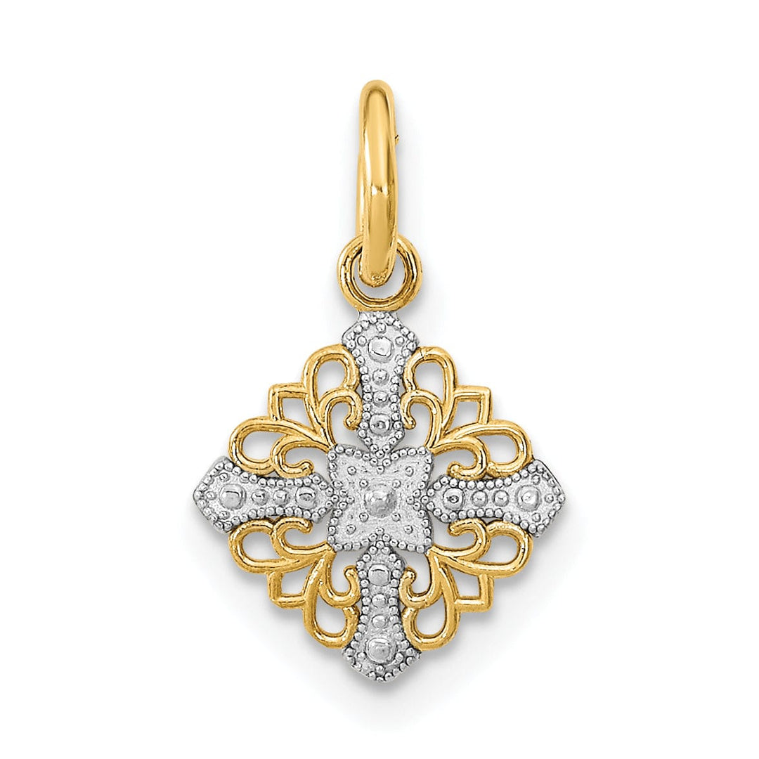 14K Yellow Gold, White Rhodium Polished Finish Mini Cross Medallion Design Pendant
