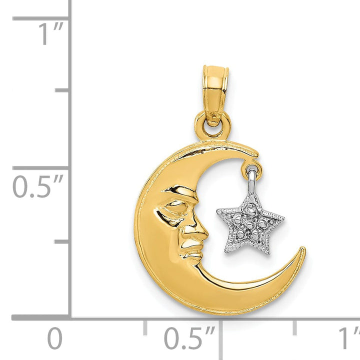 14k Two Tone Gold Solid Polished Finish Half Moon with Dangle Star Design Charm Pendant