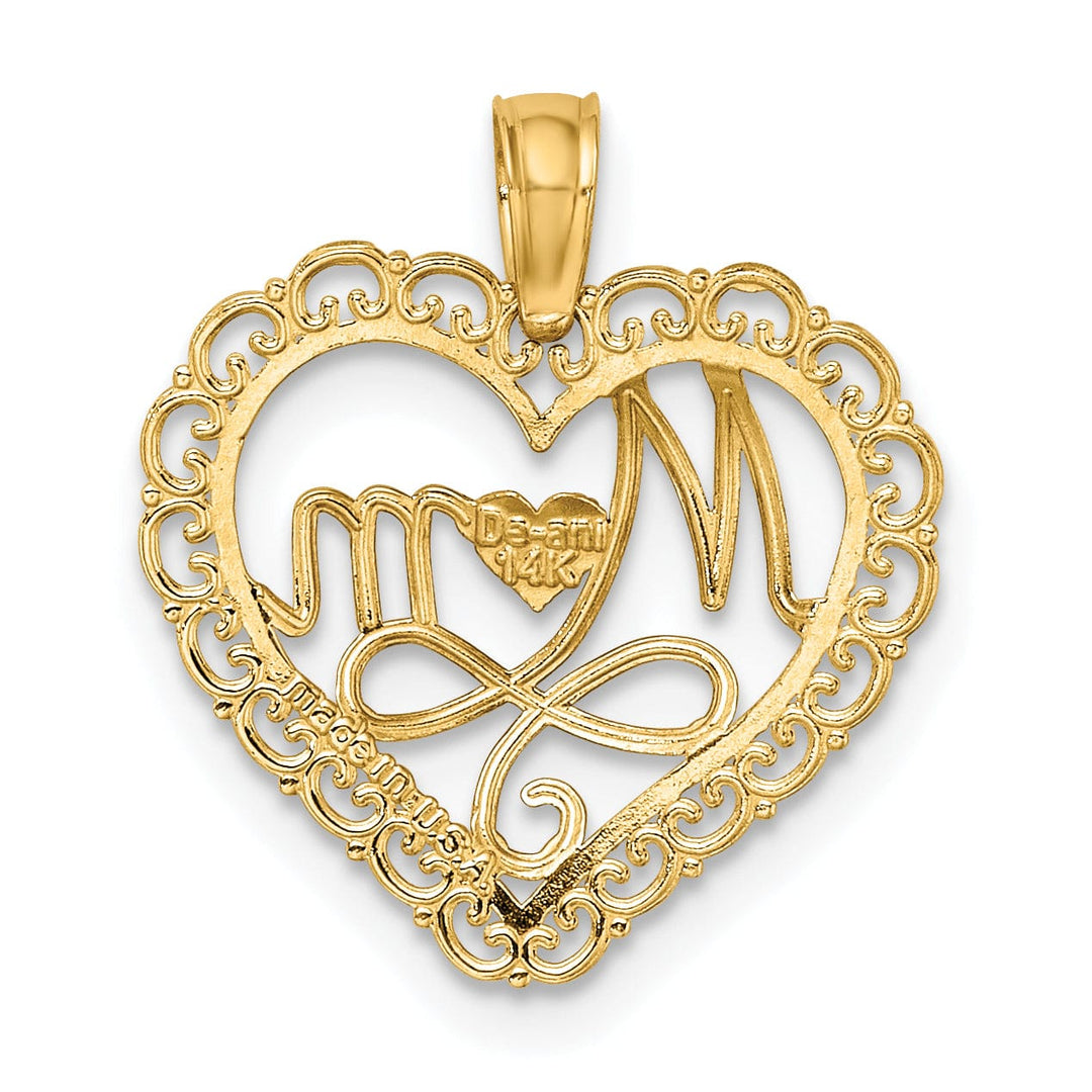 14k Yellow Gold, White Rhodium Polished Finish Cut Out MOM in Scallop Heart Fancy Design Charm Pendant