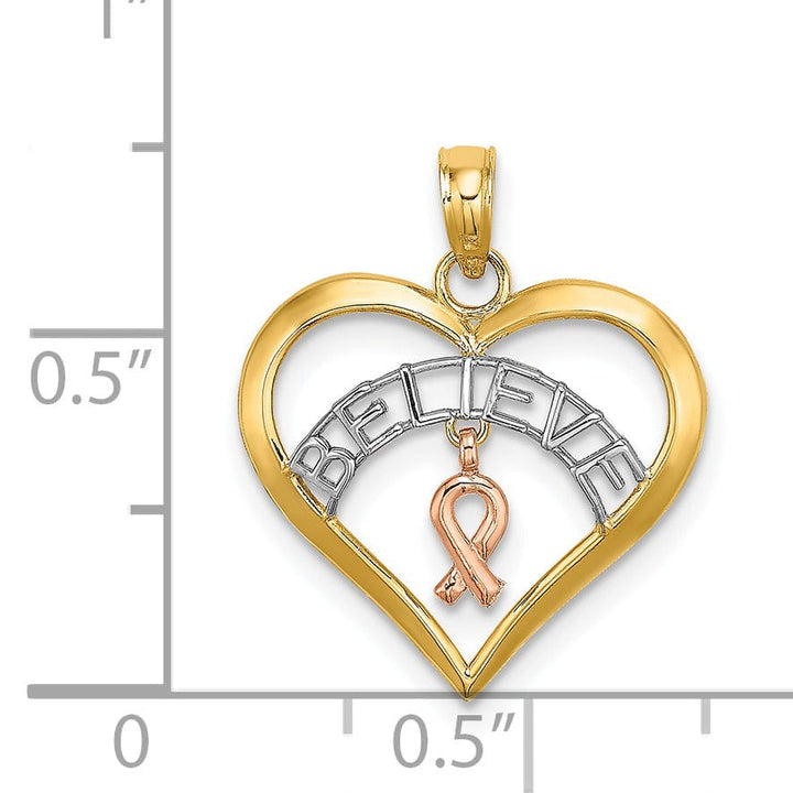 14k Two Tone Gold White Rhodium BELIEVE in Heart Shape with Breast Cancer Ribbon Charm Pendant