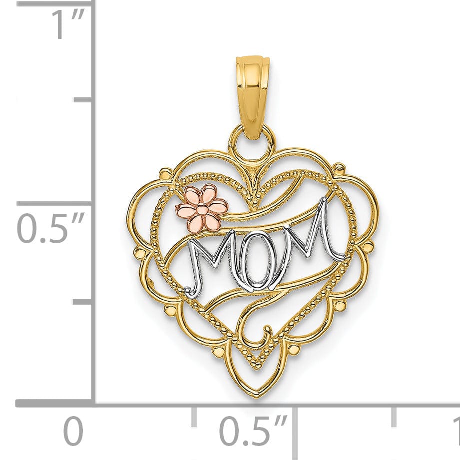14k Two-Tone Gold, White Rhodium Beaded Textured Polished Finish MOM Heart with Flower Fancy Design Charm Pendant