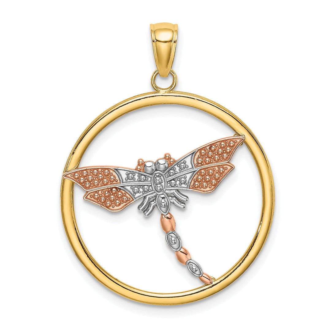 14k Two-Tone Gold White Rhodium Solid Textured Polished Finish Dragonfly With Beaded Wings Design In Round Frame Charm Pendant