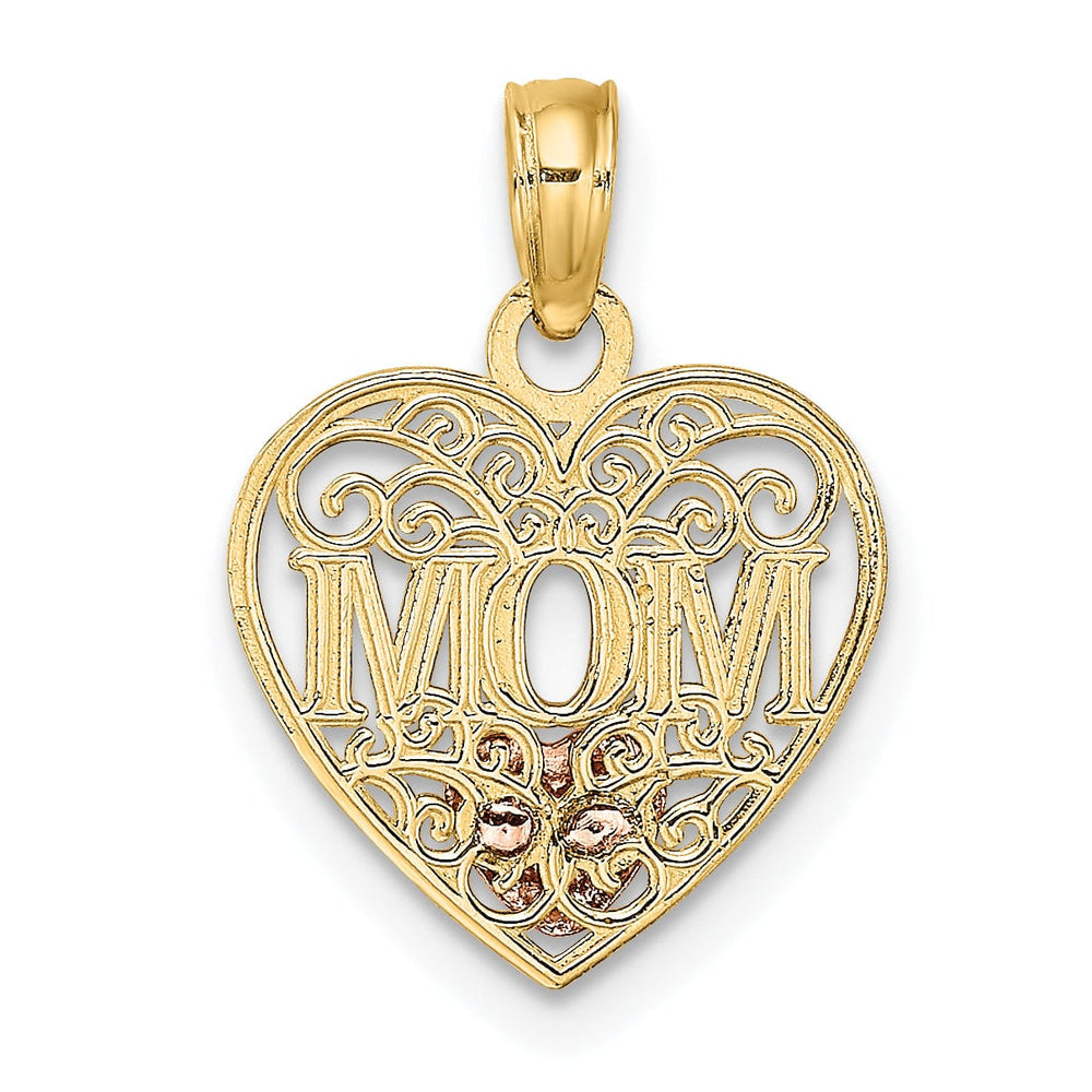 14K Two Tone Gold, White Rhodium Polished Finish MOM Heart in Heart Filigree Design Charm Pendant
