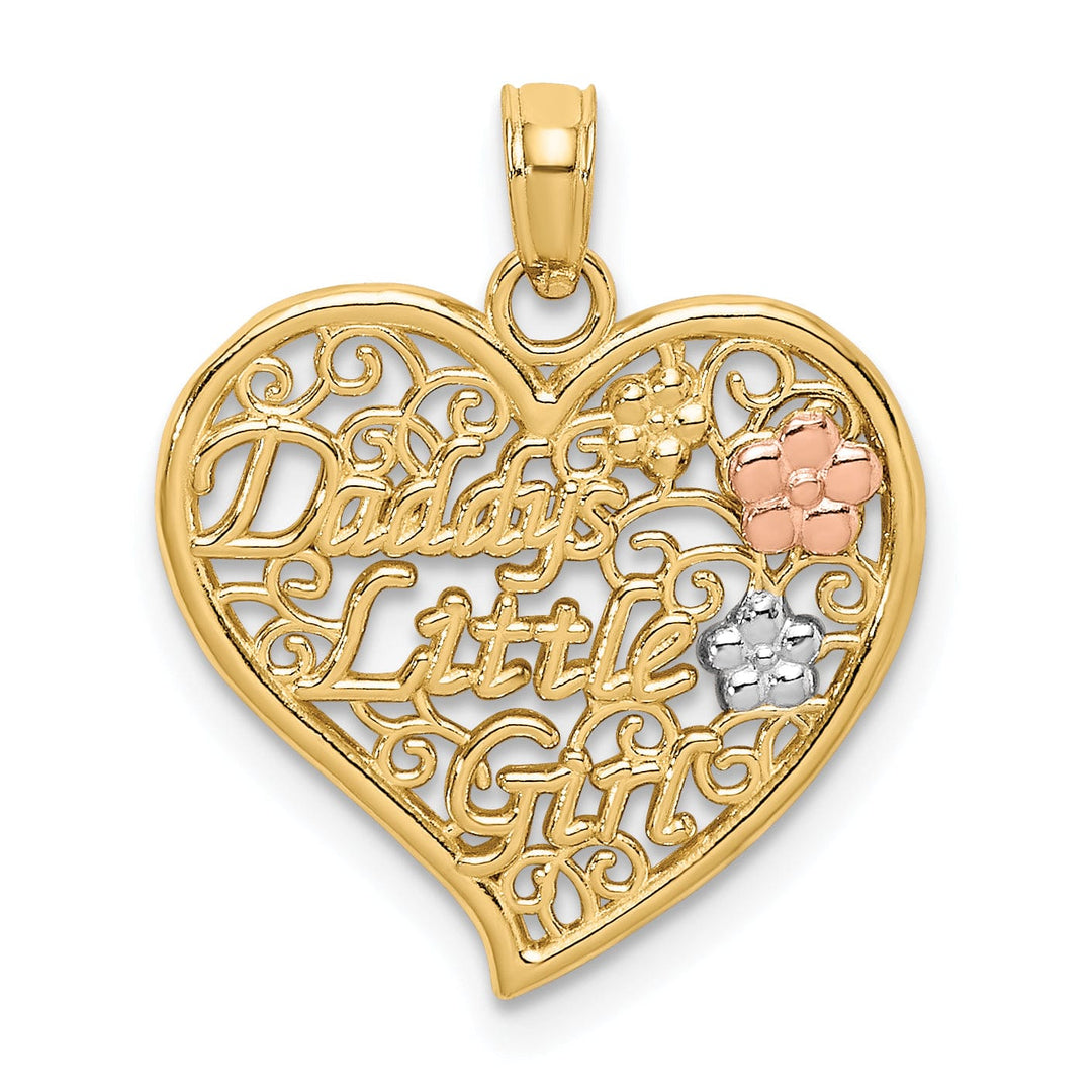 14k Two Tone Gold, White Rhdoium DADDYS LITTLE GIRL with Flowers Fancy Filigree Design Heart Charm Pendant
