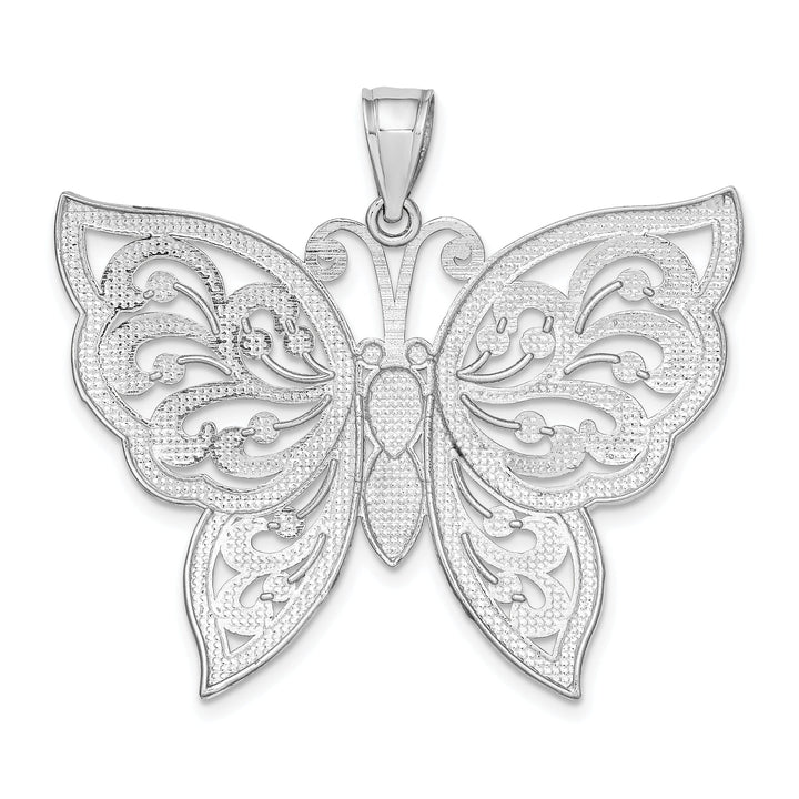 14K White Gold Large Textured Back Solid Polished Finish Diamond-cut Beaded Butterfly Charm Pendant