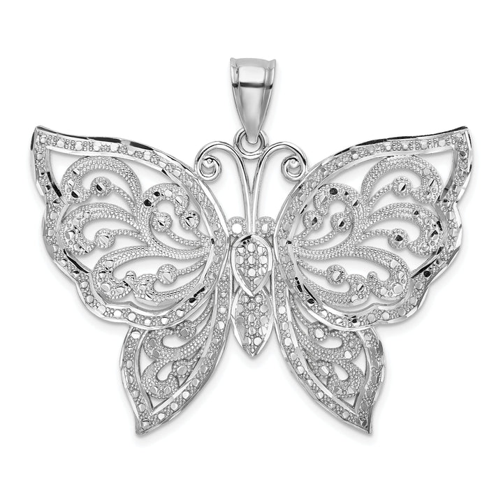 14K White Gold Large Textured Back Solid Polished Finish Diamond-cut Beaded Butterfly Charm Pendant