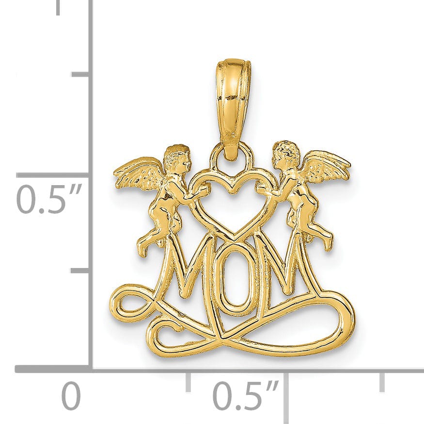 14K Yellow Gold Polished Finish MOM with 2 Angels Holding Heart Design Charm Pendant